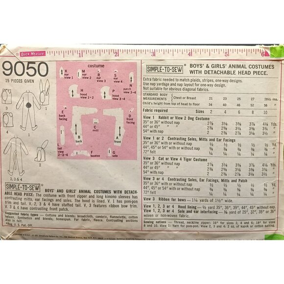 Vintage Simplicity 9050 Boys Girls Animal Costume Sewing Pattern Rabbit Dog Cat - Picture 2 of 2